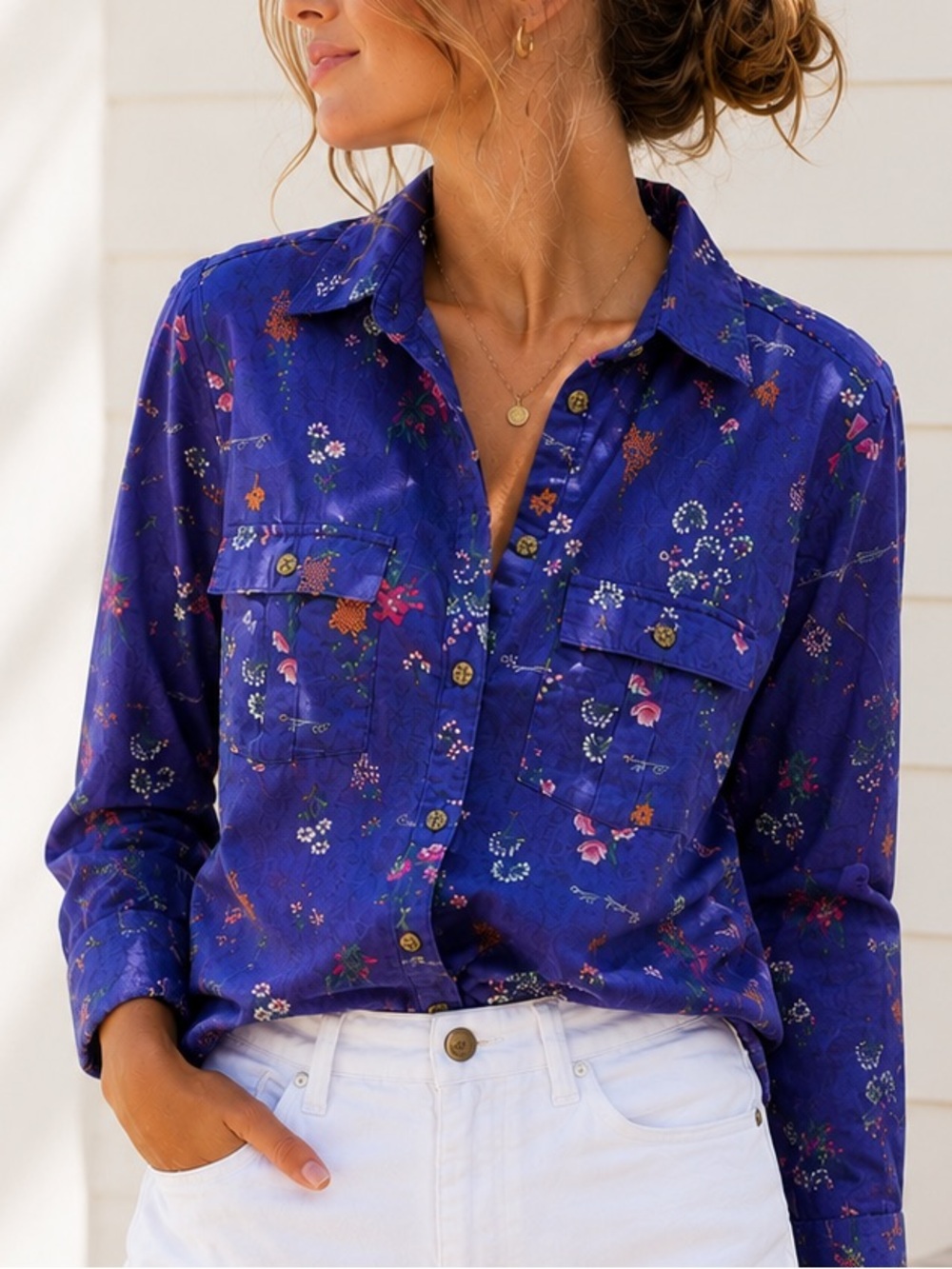 Vintage Indigo Floral Cotton Button Down Shirt Cottagecore | Size M